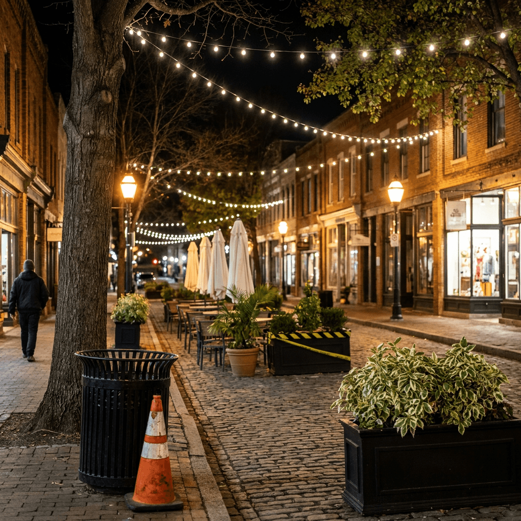 A quiet nighttime street scene captured at ground level looking down a paved roadway lined with brick-paved sidewalks and low-rise historic commercial buildings.