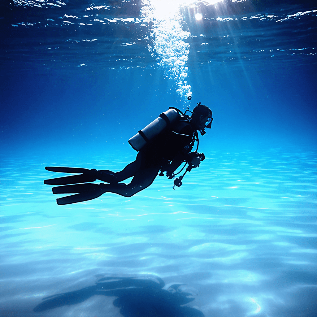 The scene is set underwater, with a single diver as the central figure in a vast, open ocean.
