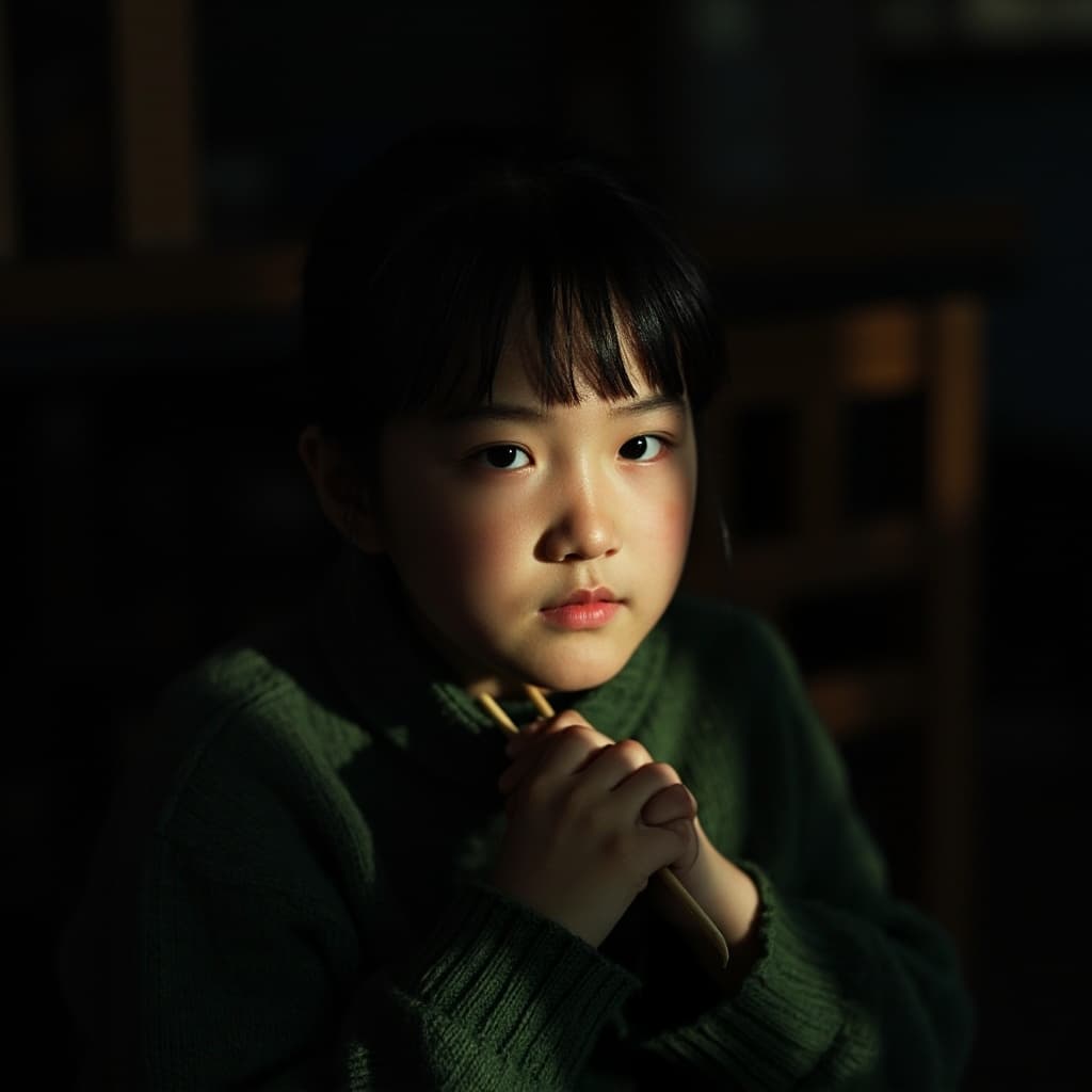 The scene is set indoors in a dimly lit room, where soft, low light creates gentle shadows across the space.