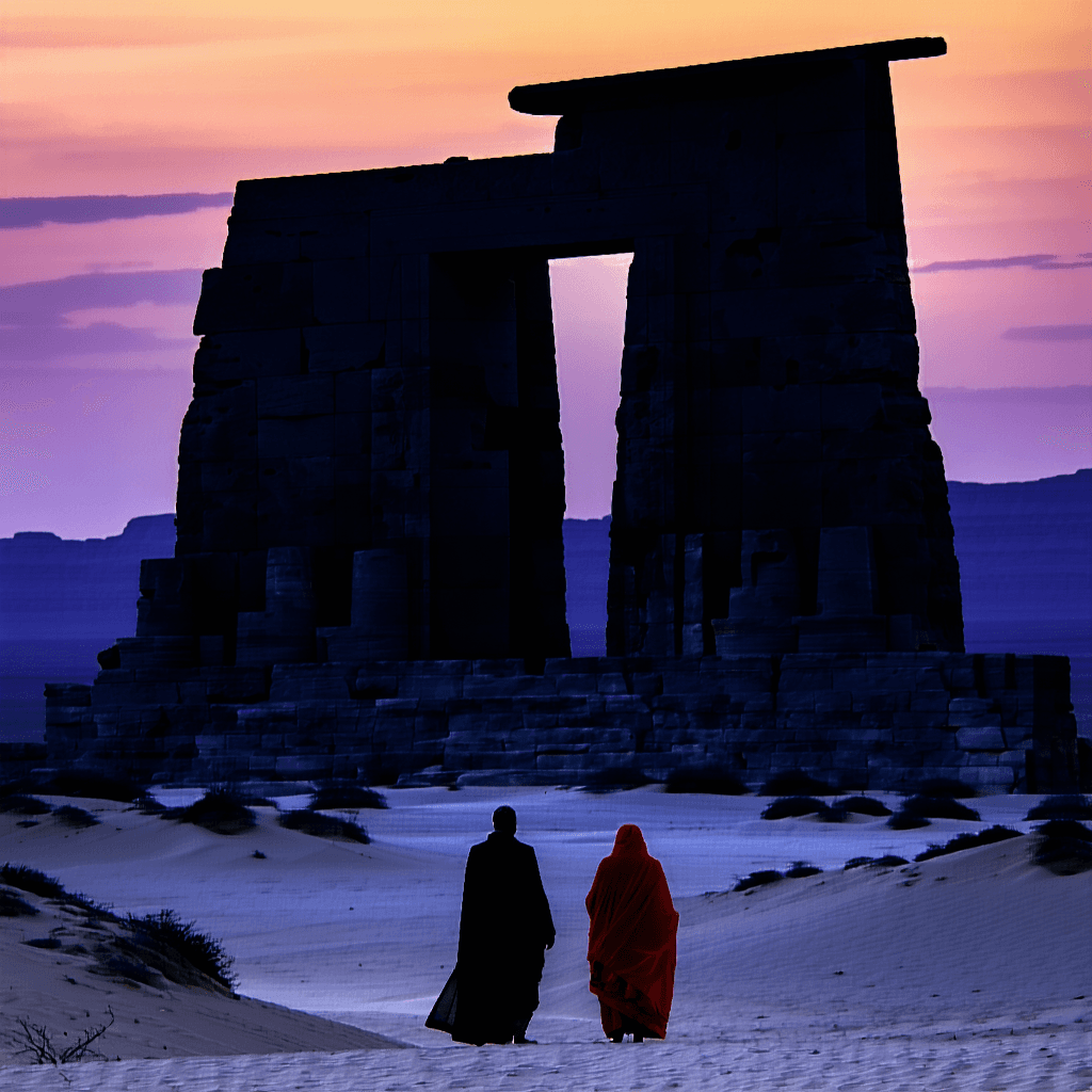 The scene unfolds outdoors in a desert landscape, dominated by a monumental ancient rock-cut structure.