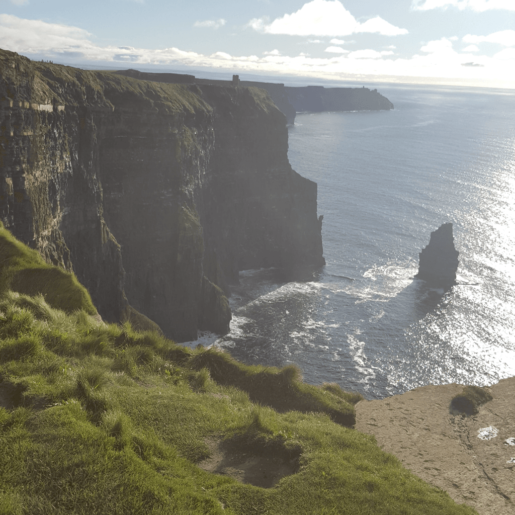 A dramatic coastal landscape captured from a grassy clifftop vantage, showing towering dark sea cliffs plunging into an expansive ocean under a bright, partly cloudy sky.