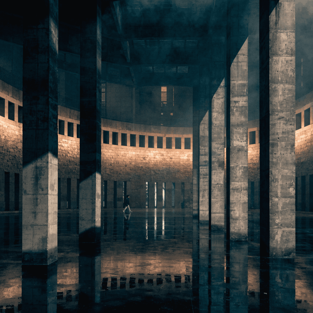 A dim interior architectural space is shown in a wide view, framed by several tall rectangular concrete pillars that create deep vertical bands of shadow across the foreground.