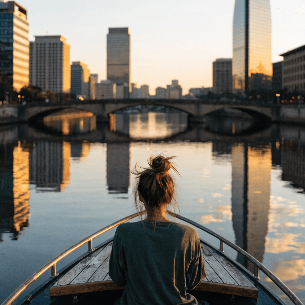 A person is seen from behind on the bow of a small boat, leaning slightly toward a metal rail with a curved wooden cap, wearing a loose dark green top and with brown hair tied in a messy bun.