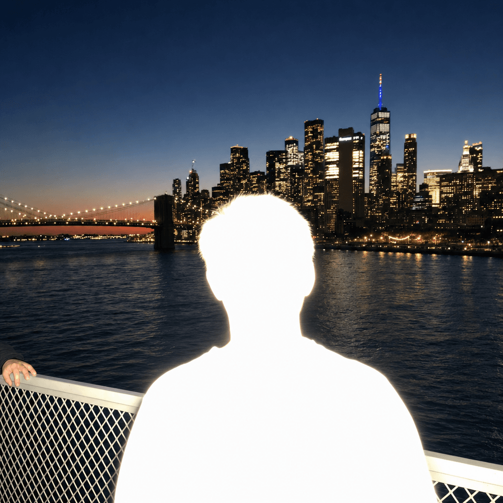 A person is silhouetted and dramatically overexposed by a bright frontal light source, appearing as a nearly white glowing form filling the lower-center foreground, with short hair backlit and the head and shoulders blocking much of the midground.