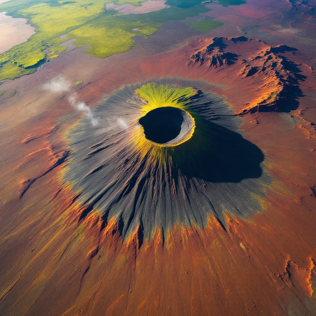 The scene is an expansive aerial view of a vibrant and varied landscape, likely viewed from high above the earth.