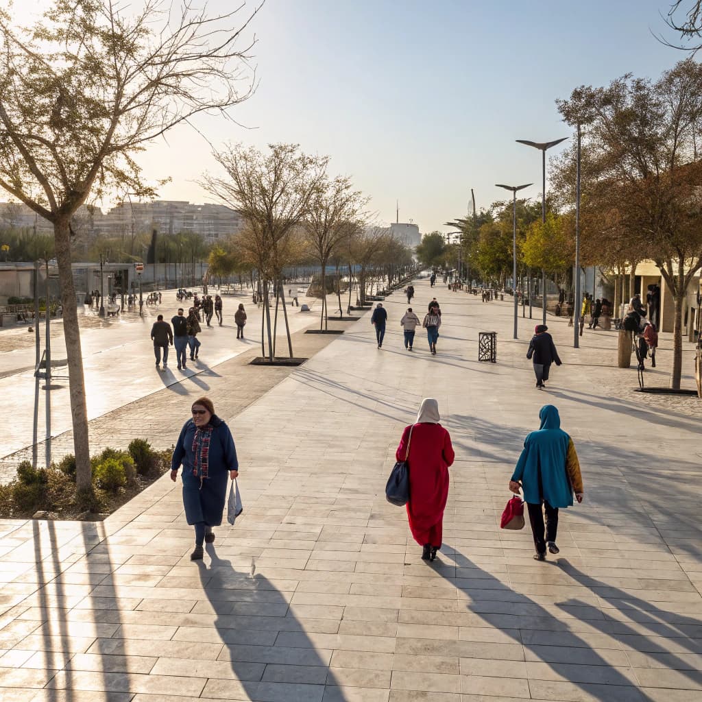 The scene unfolds outdoors on a sunlit day, where the brightness casts a sharp contrast on the pale stone walkway.