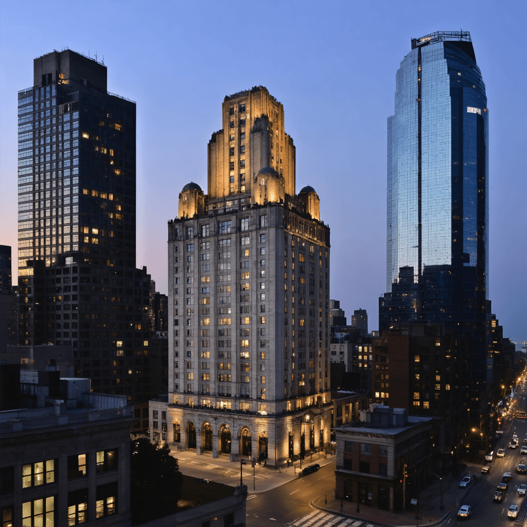 The scene is set outdoors in a bustling urban environment, likely during the day when the light is diffuse, indicating an overcast sky.