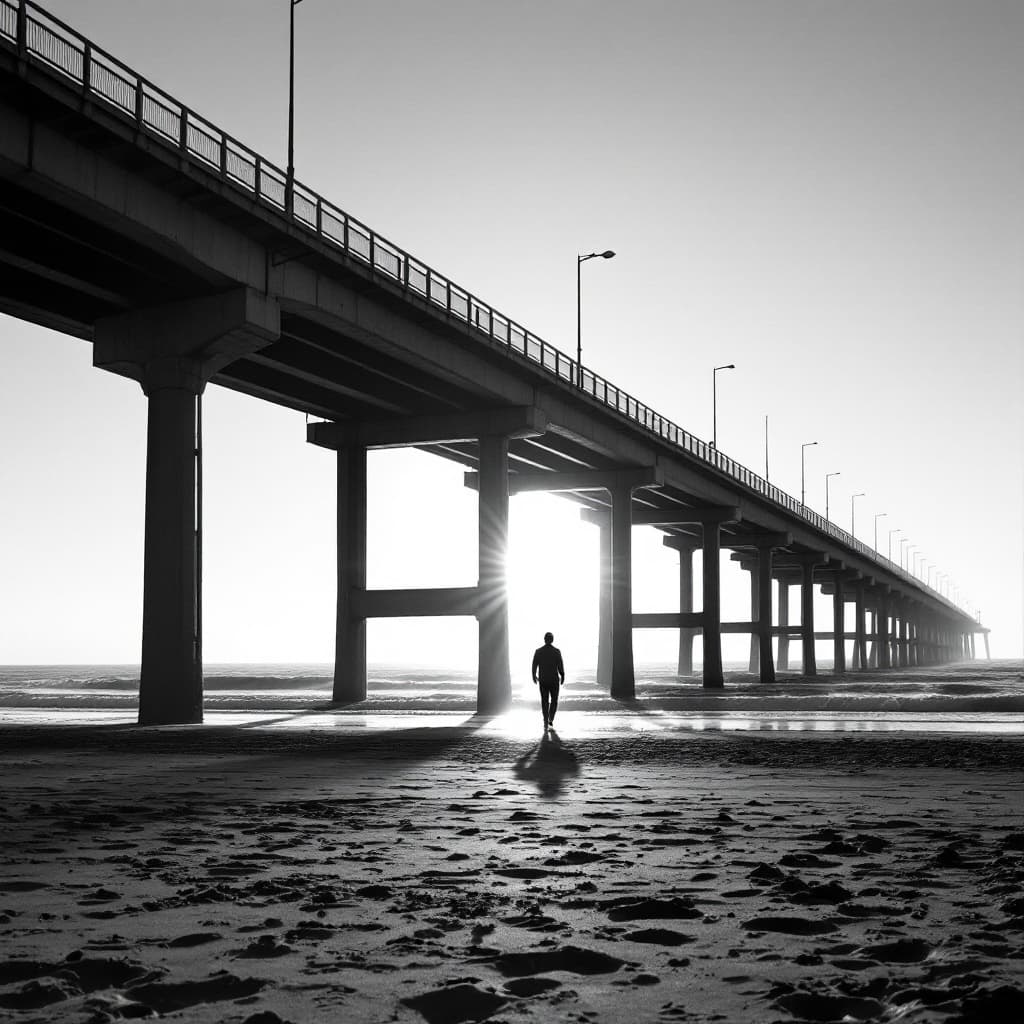 The scene is set outdoors, captured in stark black and white, with a modern architectural element—an overpass—imposing diagonally across the frame.