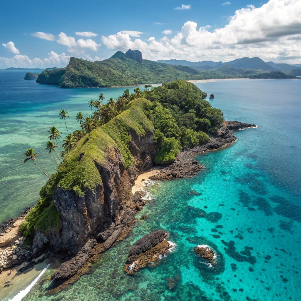 The scene presents a dramatic aerial view of an island jutting out into the ocean, framed by turbulent waves.
