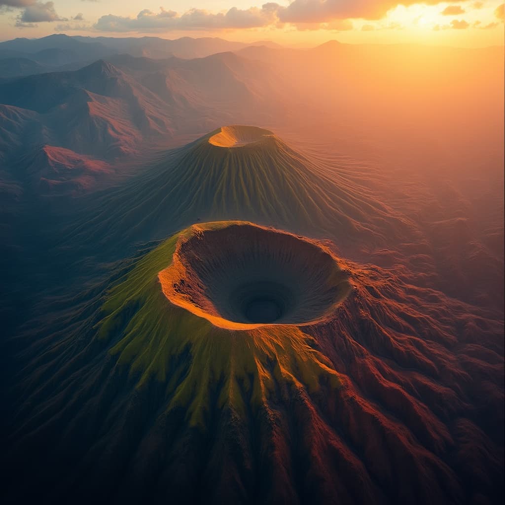 The scene is an expansive aerial view of a vibrant and varied landscape, likely viewed from high above the earth.