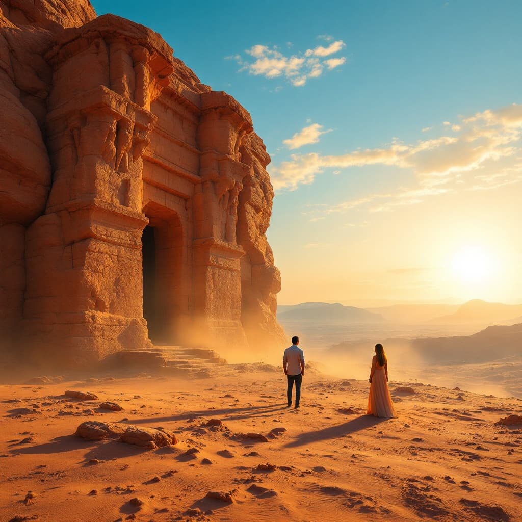 The scene unfolds outdoors in a desert landscape, dominated by a monumental ancient rock-cut structure.
