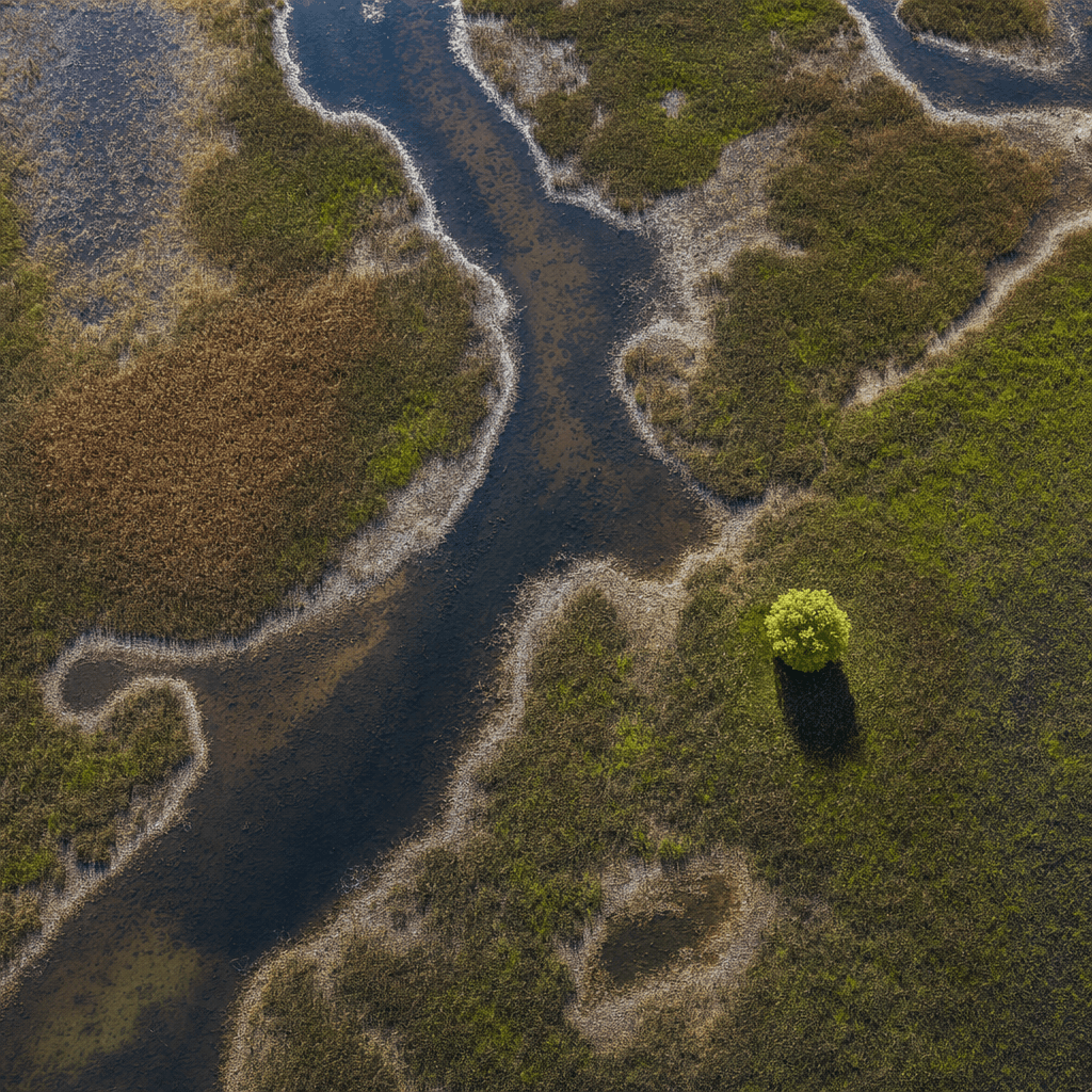 A high, straight-down aerial view shows a broad wetland or river delta made of dense brown reed beds and shallow greenish water channels winding between irregular landmasses.