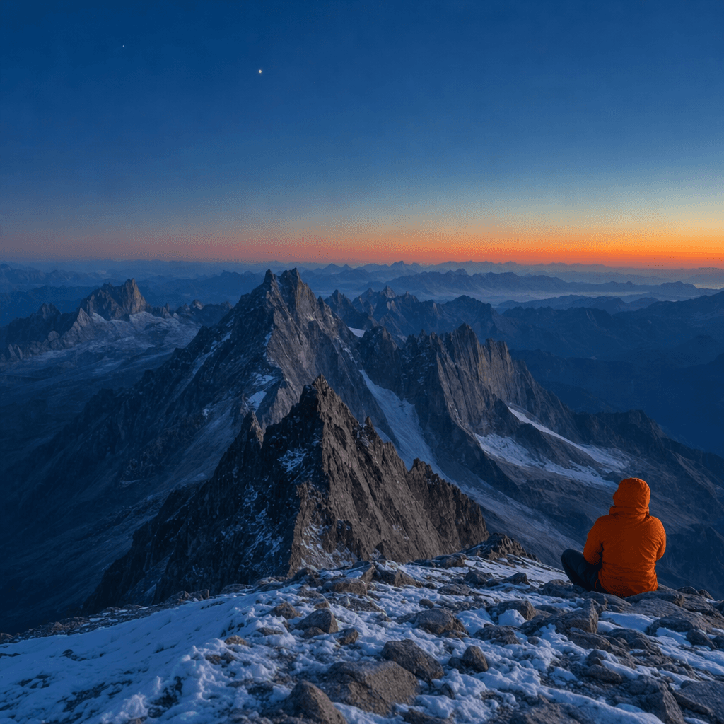 A high alpine mountain scene at twilight shows a broad rocky summit in the foreground, strewn with dark scree and irregular patches of snow and ice, leading to a narrow rounded ridge.