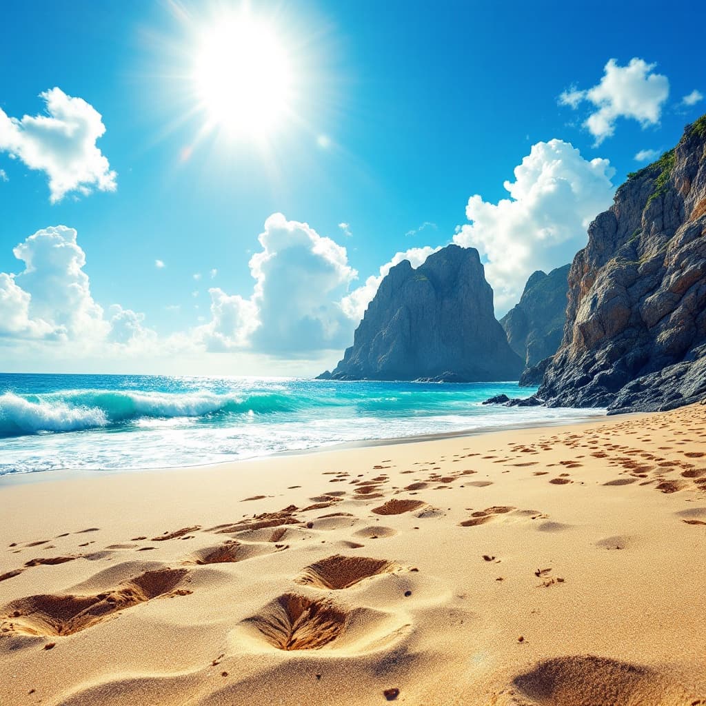 The scene is set outdoors on a sandy beach, likely during the evening as the sky is painted with a dramatic display of colors from the setting sun.