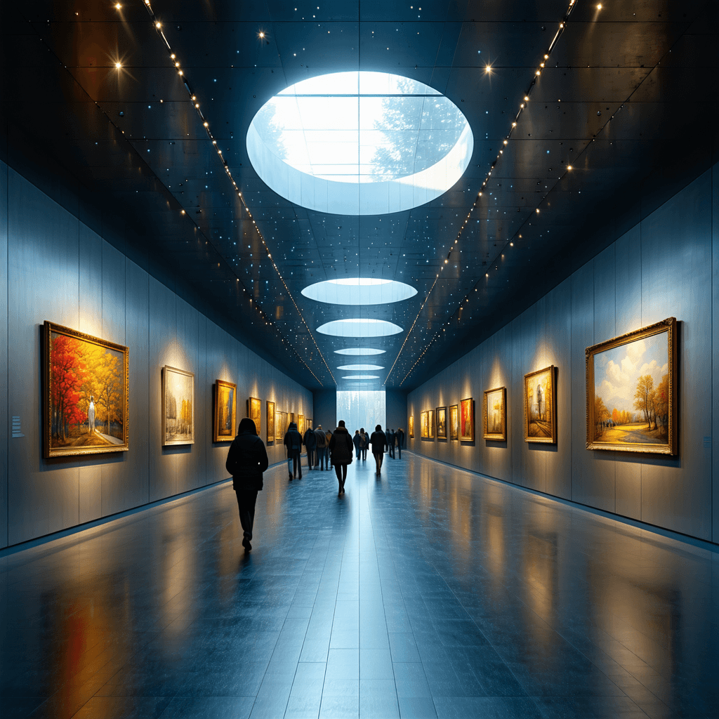 The scene is set in a sleek, modern indoor passageway with a tunnel-like architecture.