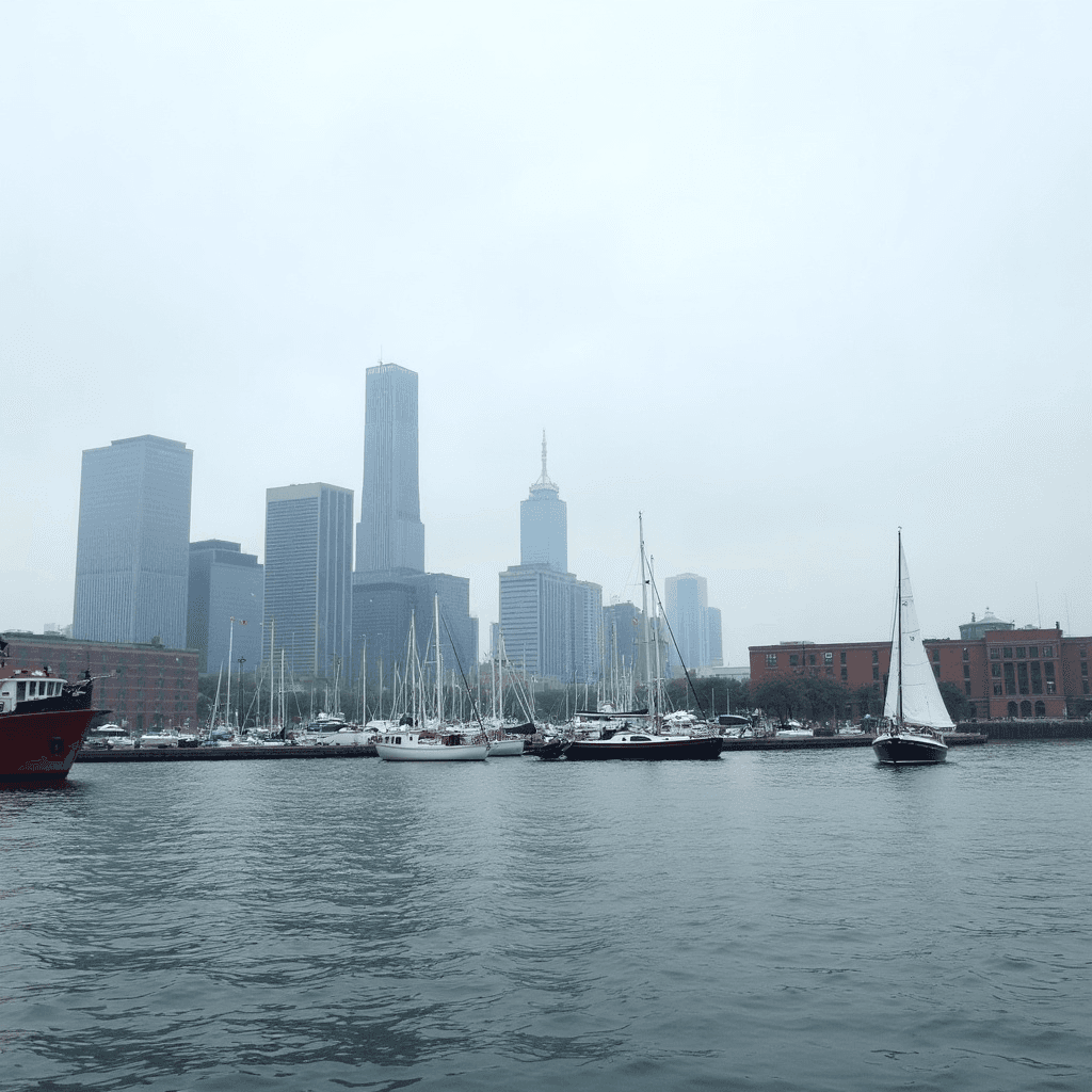 A wide waterfront view of a city skyline captured from across a broad expanse of rippling gray-blue water, likely from a boat given the sliver of reddish-brown hull visible in the lower left foreground.