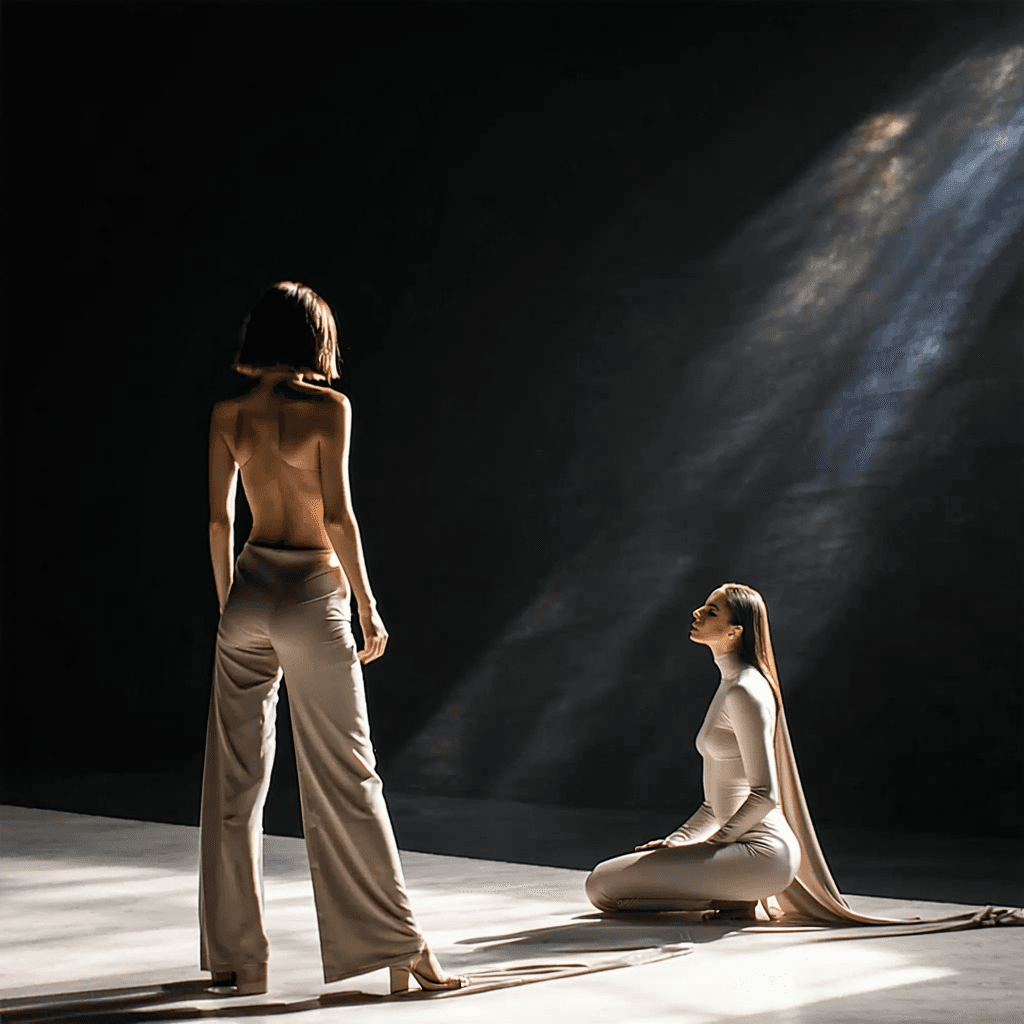 The scene is set in a minimalist indoor studio, defined by a stark white backdrop and well-lit by bright, even lighting simulating midday clarity.
