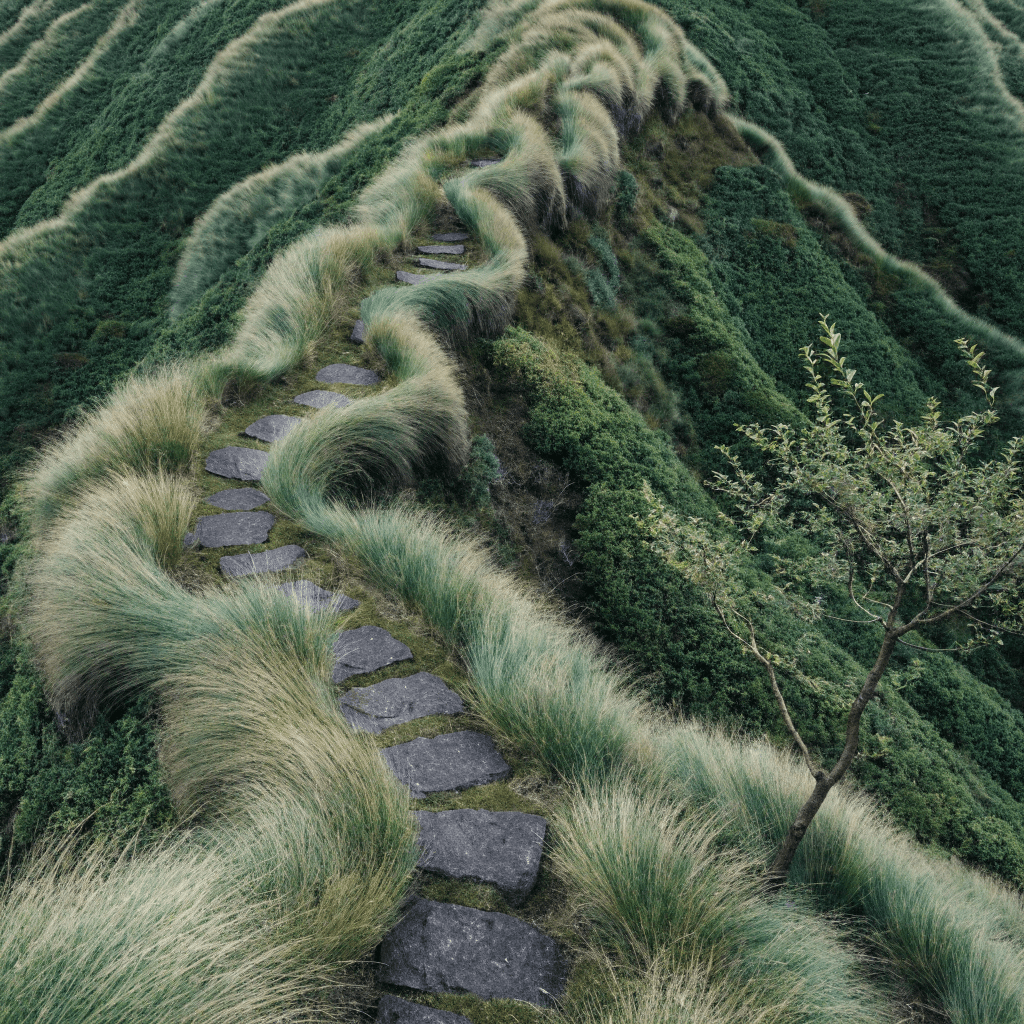 A high-angle view shows a dense, landscaped green slope covered in long, tufted grass or groundcover, with a narrow S-shaped path of dark rectangular stepping stones cutting diagonally from the lower left toward the upper center.