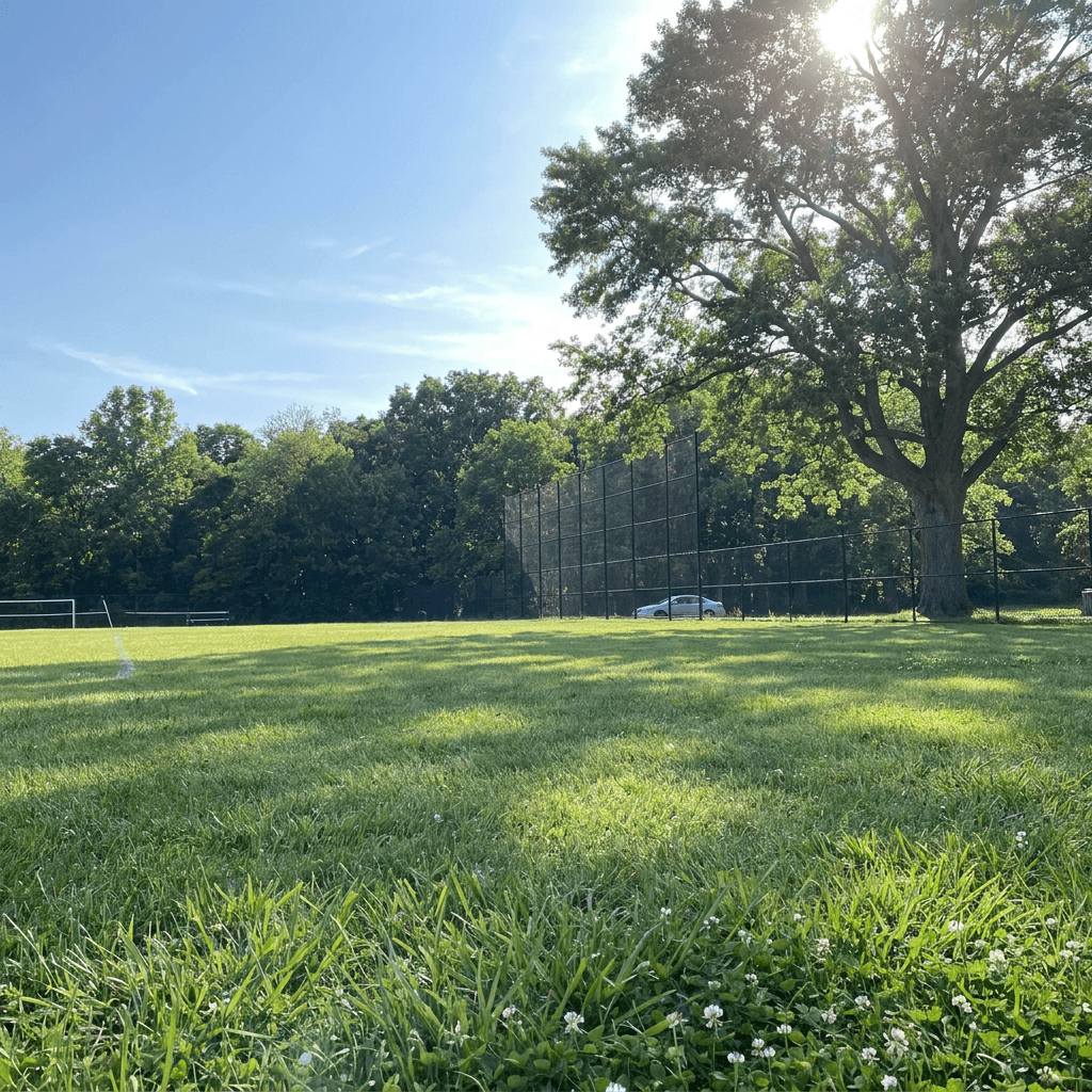 An expansive, sun-drenched grassy field dominates the foreground, its uneven green blades scattered with small white clover flowers near the bottom edge, dappled with soft tree shadows.