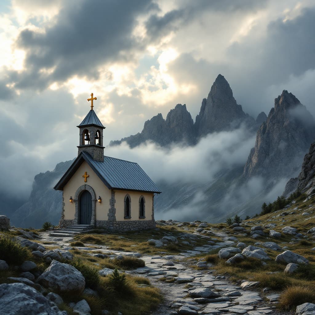 The scene is set in a breathtaking mountainous landscape, suggesting an outdoor environment.