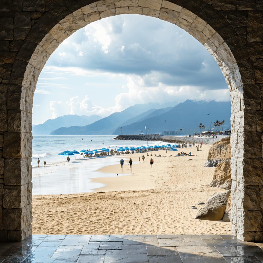 The scene unfolds outdoors, viewed through an arched stone window, framing a vibrant beach setting.