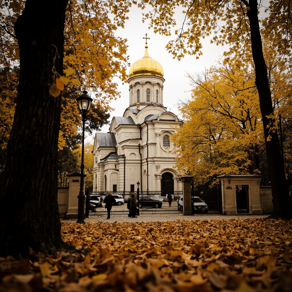 An Orthodox cathedral with a prominent golden dome topped by a cross rises in the midground, its pale stone facade banded in horizontal courses, featuring arched windows, rounded apses, and a grand arcaded entrance porch with columns.
