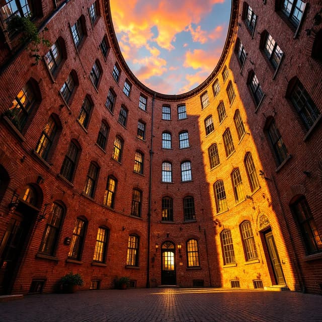 The scene is set outdoors, in an enclosed courtyard surrounded by tall, multi-story brick buildings.