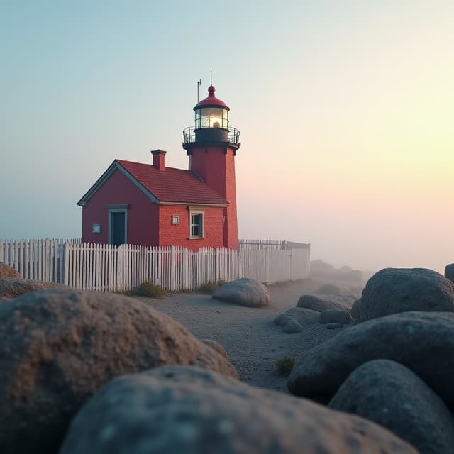 The scene is set outdoors at a coastal location during the daytime, enveloped in overcast lighting that softens the surroundings with a muted gray tone.