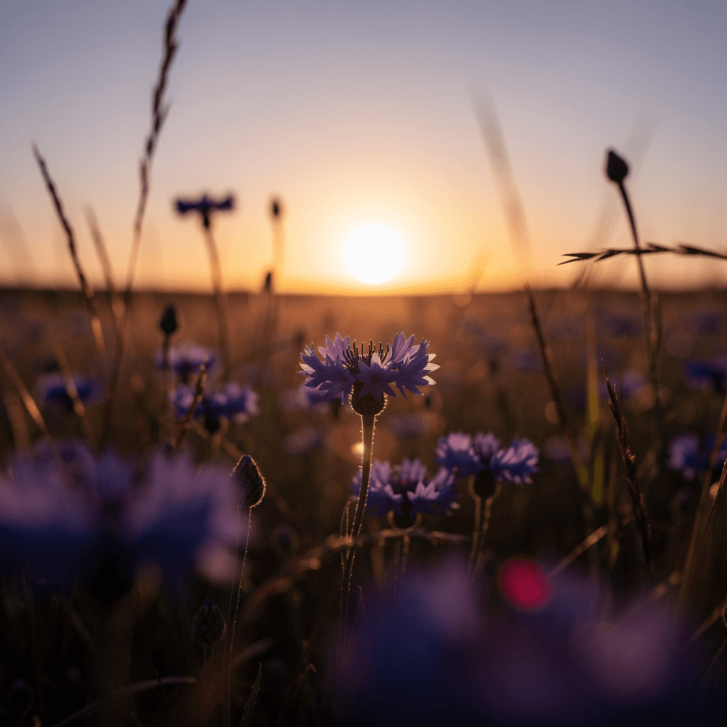 A low-angle, ground-level view captures a wildflower meadow at sunset, with the sun sitting as a bright, glowing orb just above the horizon, casting warm golden and orange light across the scene.
