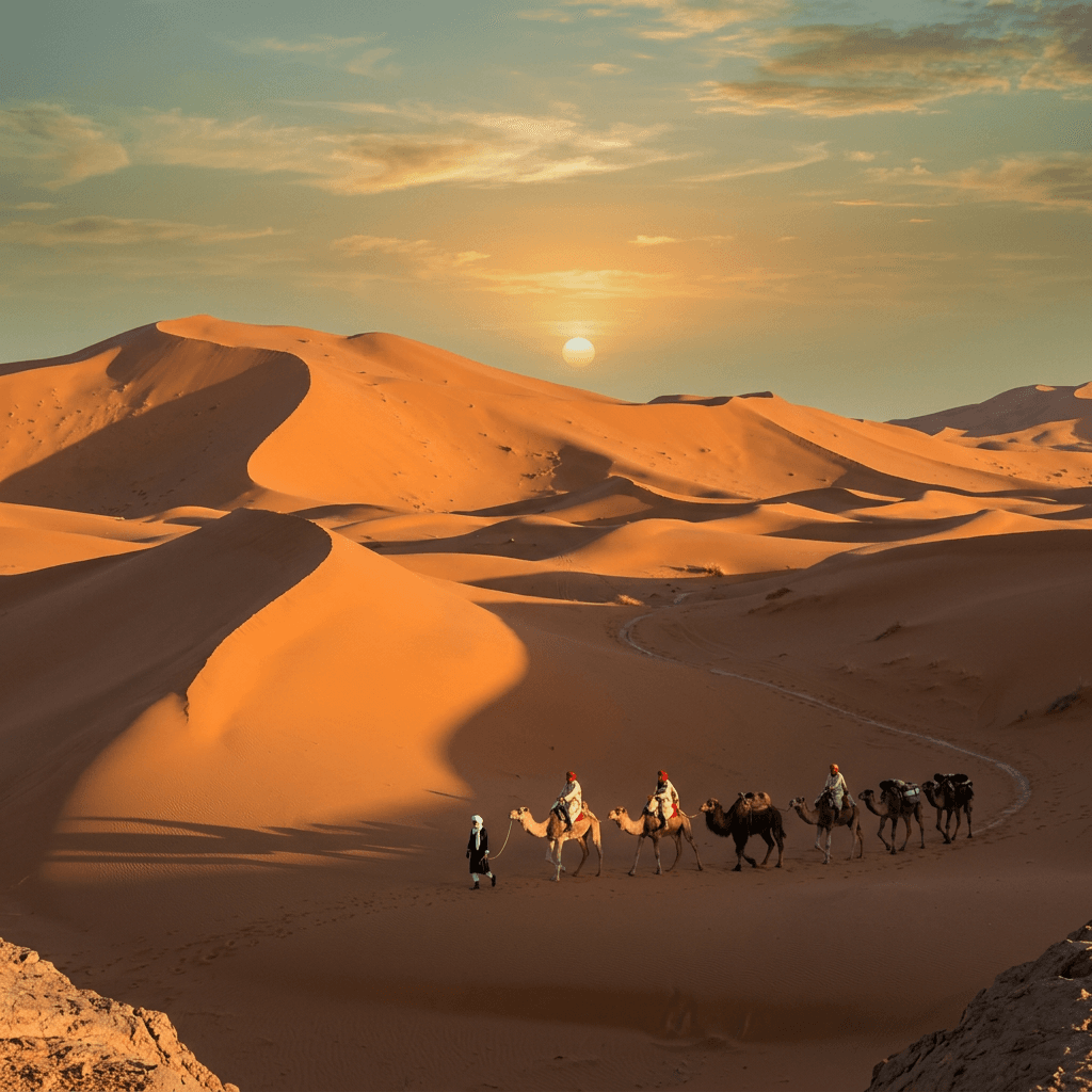 A wide desert landscape of towering orange sand dunes fills the frame, with smooth wind-carved slopes, sharp ridge lines, and deep black shadows cutting across the left and lower foreground.