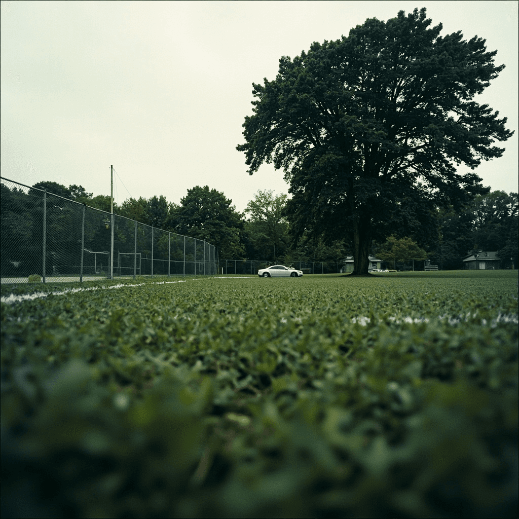 An expansive, sun-drenched grassy field dominates the foreground, its uneven green blades scattered with small white clover flowers near the bottom edge, dappled with soft tree shadows.