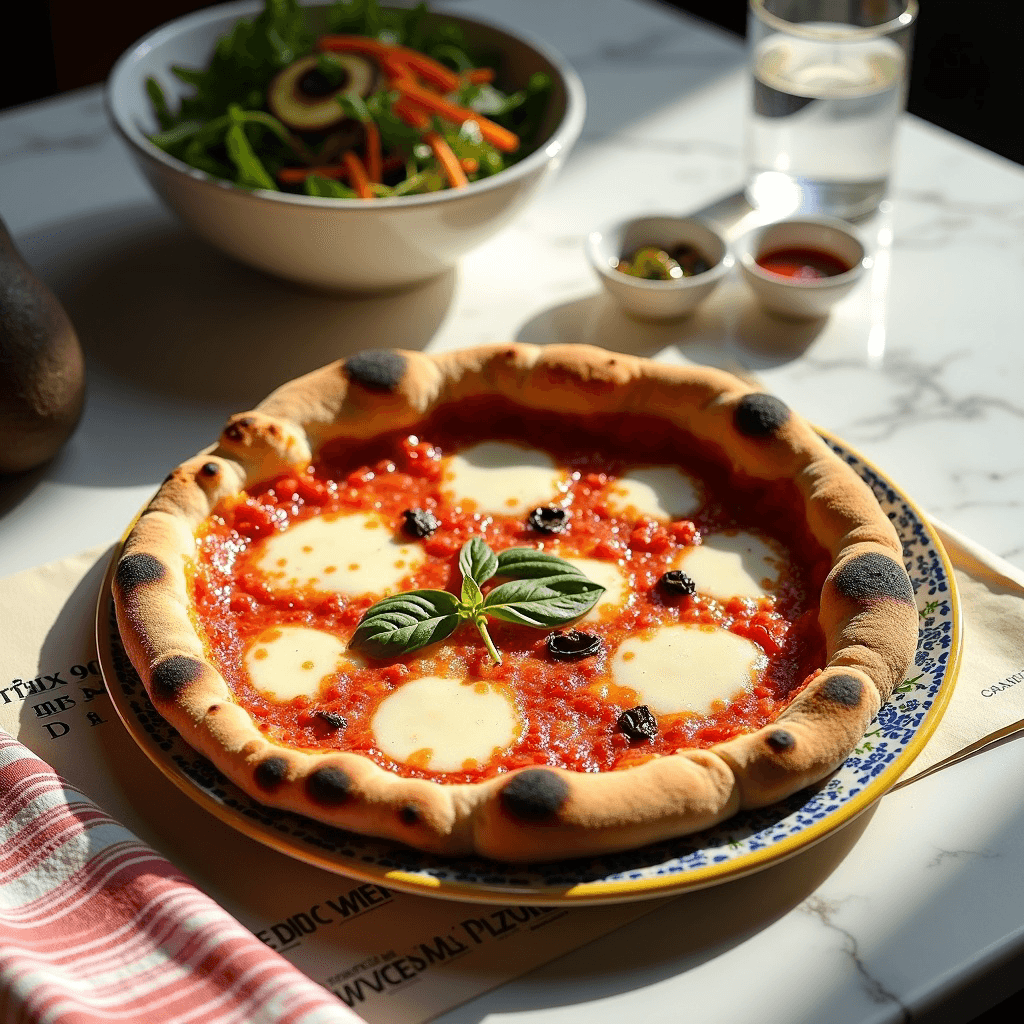 A freshly baked Neapolitan-style Margherita pizza sits centered on a decorative ceramic plate with a yellow rim and blue floral edge design, viewed from a slightly elevated angle.