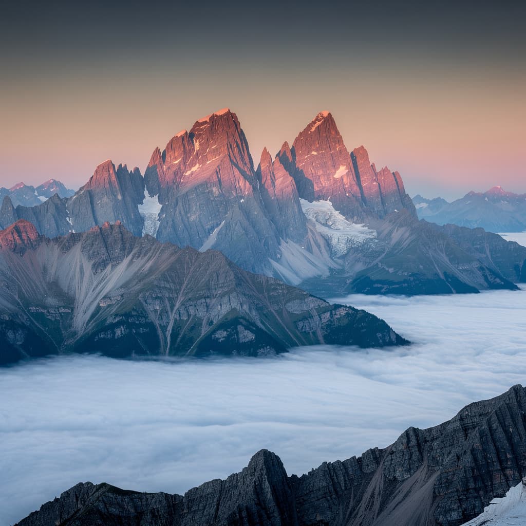 A wide, high-angle view shows a dramatic alpine mountain range filling most of the frame, with two dominant jagged snow-covered peaks rising above darker ridgelines.