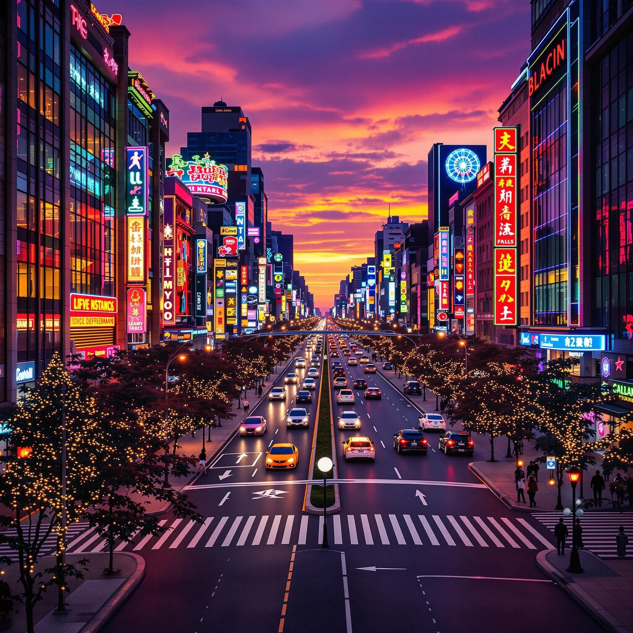 The scene is an urban nighttime setting, likely a bustling city center.