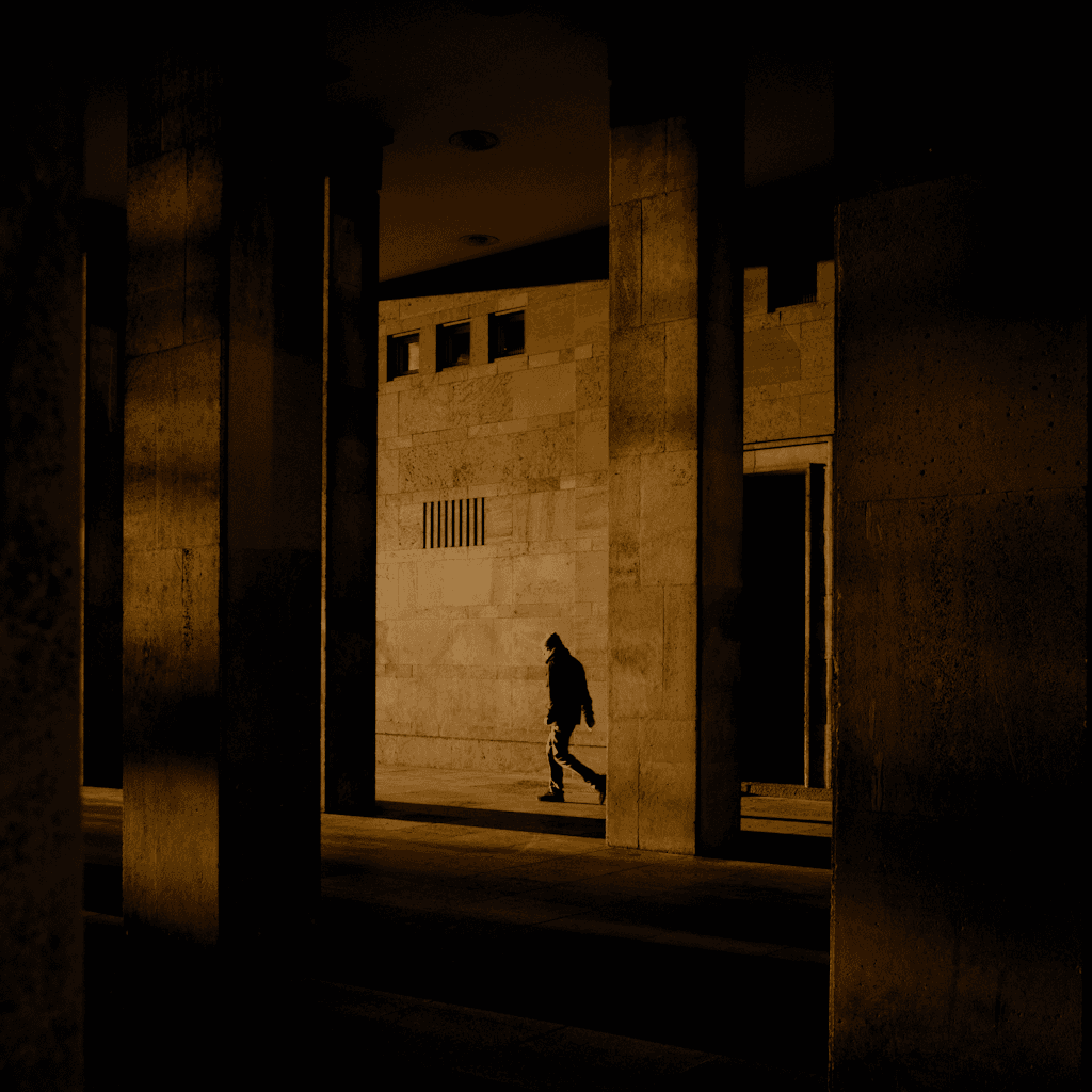 A dim interior architectural space is shown in a wide view, framed by several tall rectangular concrete pillars that create deep vertical bands of shadow across the foreground.