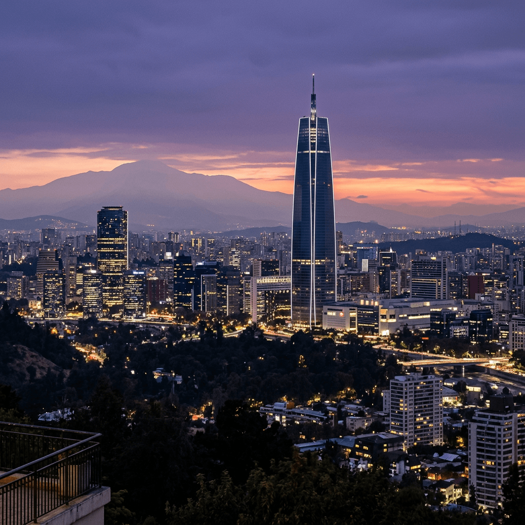A wide city skyline at dusk fills the frame, with a tall, slender glass skyscraper slightly right of center dominating the composition and rising far above the surrounding buildings, its dark reflective facade edged by sharp white-lit lines and a thin spire extending into a clear purple-blue sky.
