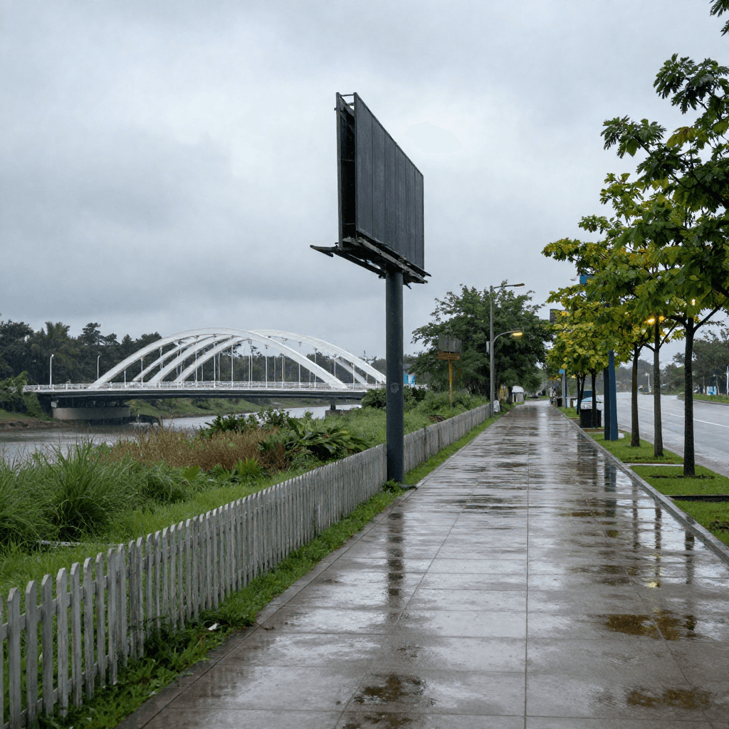 A wide paved pedestrian walkway of large concrete slabs sweeps from the lower foreground toward a vanishing point on the right, bordered on the left by a low weathered wooden picket fence and a strip of green grass.