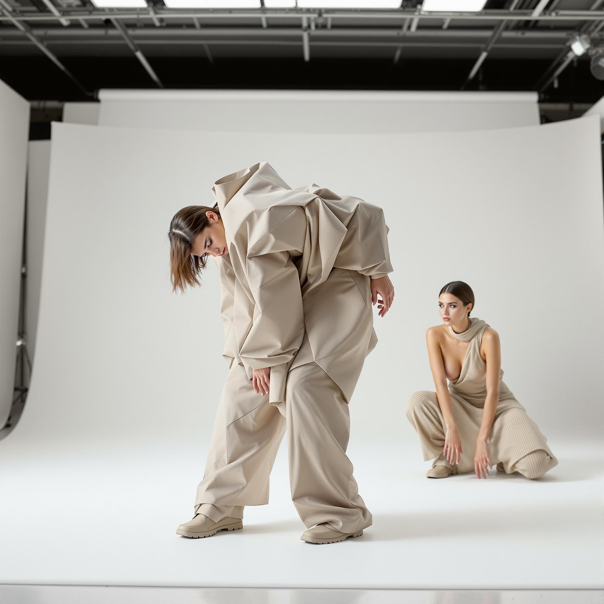The scene is set in a minimalist indoor studio, defined by a stark white backdrop and well-lit by bright, even lighting simulating midday clarity.