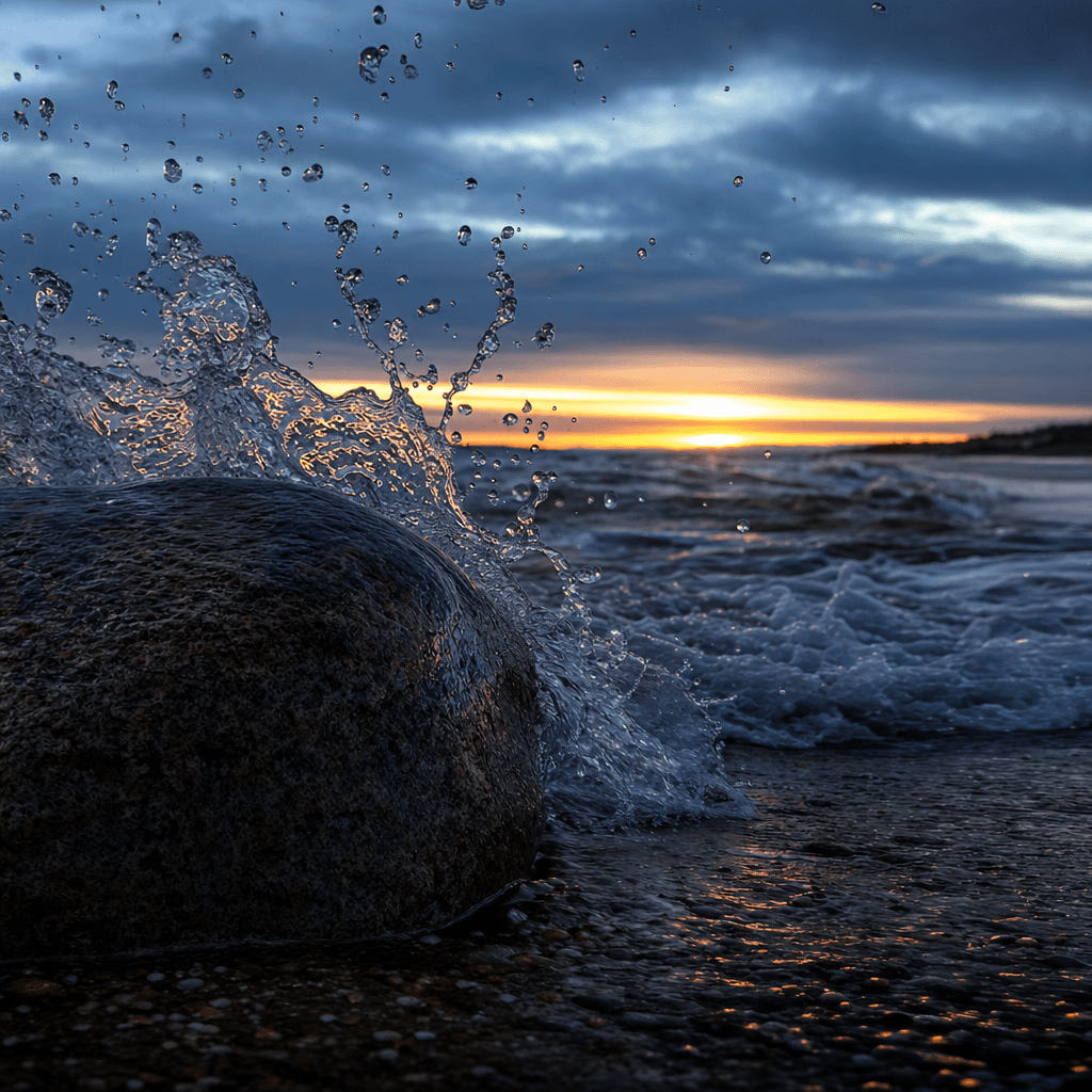 A low-angle view at the edge of dark, churning water shows a wet, rounded rock in the foreground as splashes and droplets arc upward across the frame.