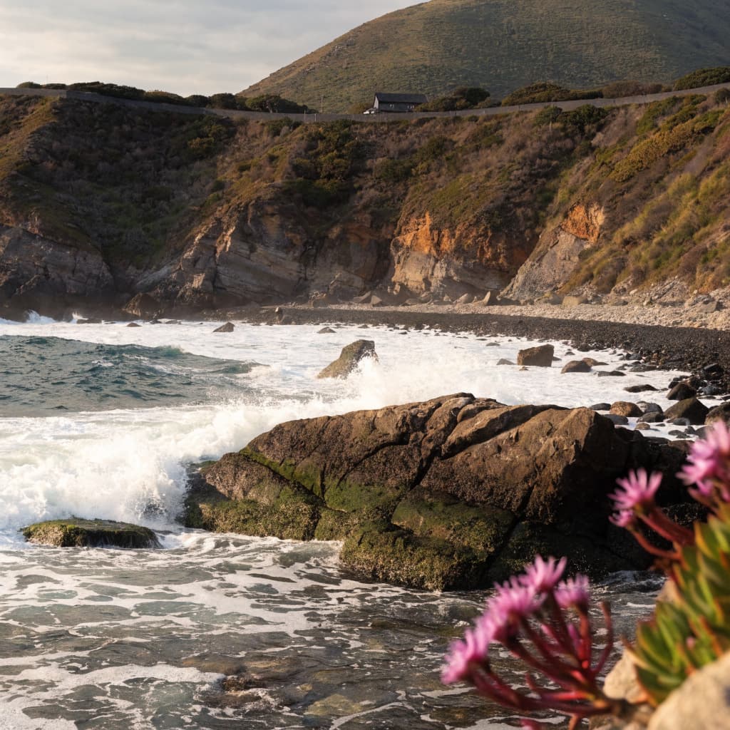 A rugged coastal landscape fills the frame, viewed from a slightly elevated distance across a cove with dark blue-green water and white surf curling along the rocky shore.