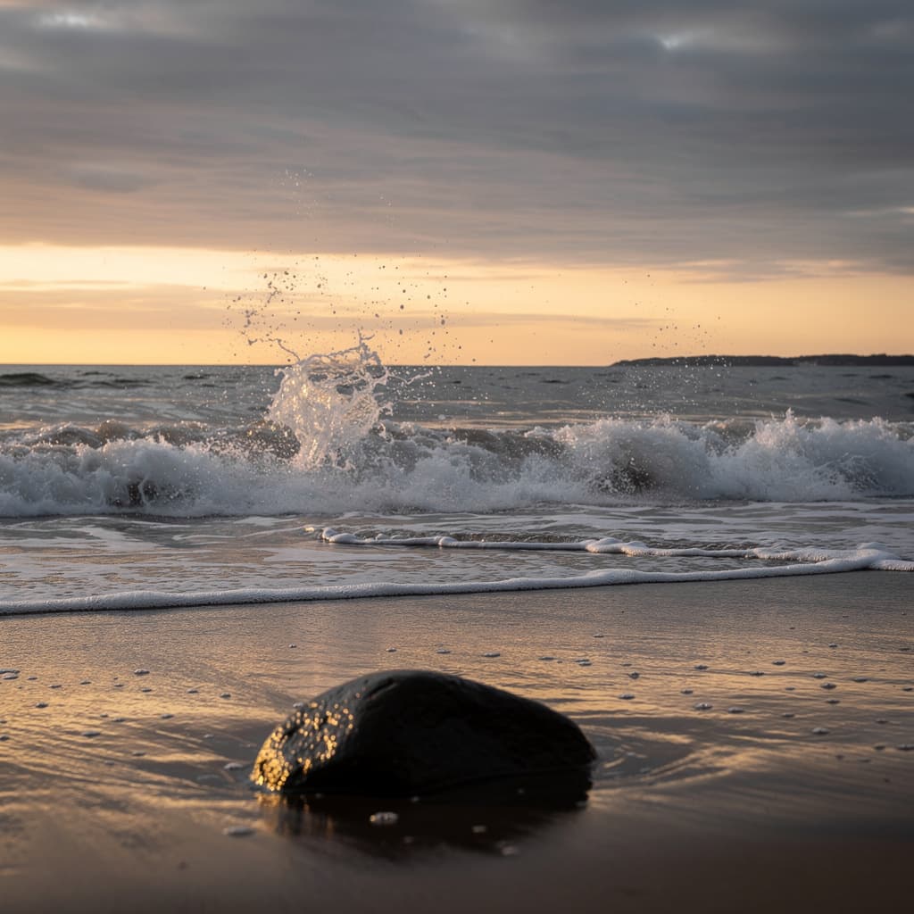 A low-angle view at the edge of dark, churning water shows a wet, rounded rock in the foreground as splashes and droplets arc upward across the frame.