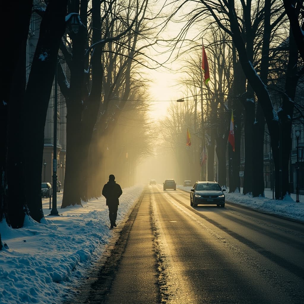 The scene is set outdoors on a quiet street lined with tall, bare trees lightly dusted with snow.