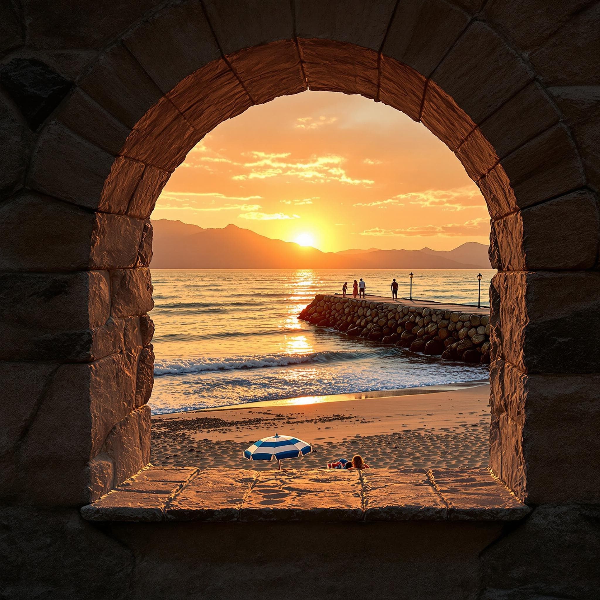 The scene unfolds outdoors, viewed through an arched stone window, framing a vibrant beach setting.