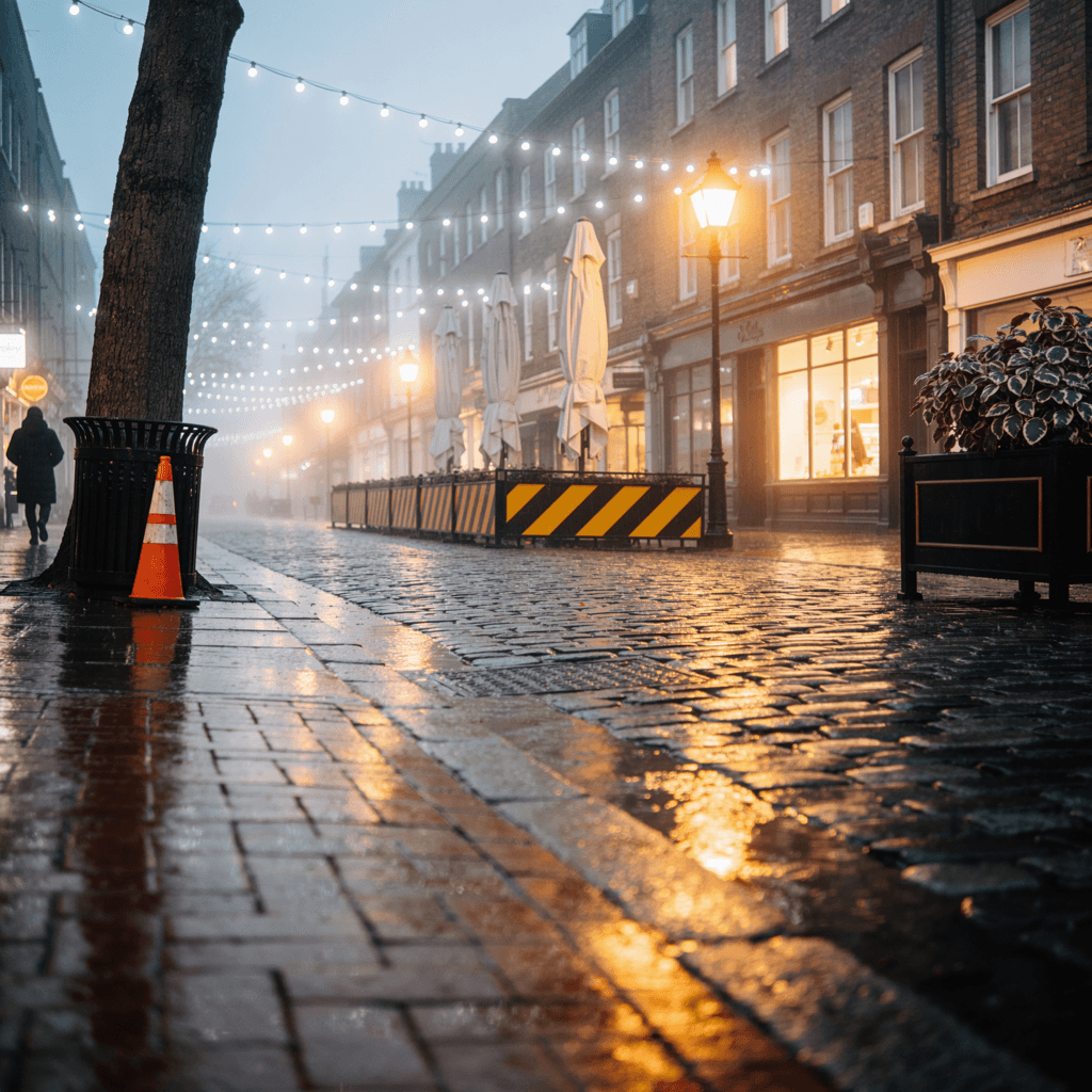A quiet nighttime street scene captured at ground level looking down a paved roadway lined with brick-paved sidewalks and low-rise historic commercial buildings.