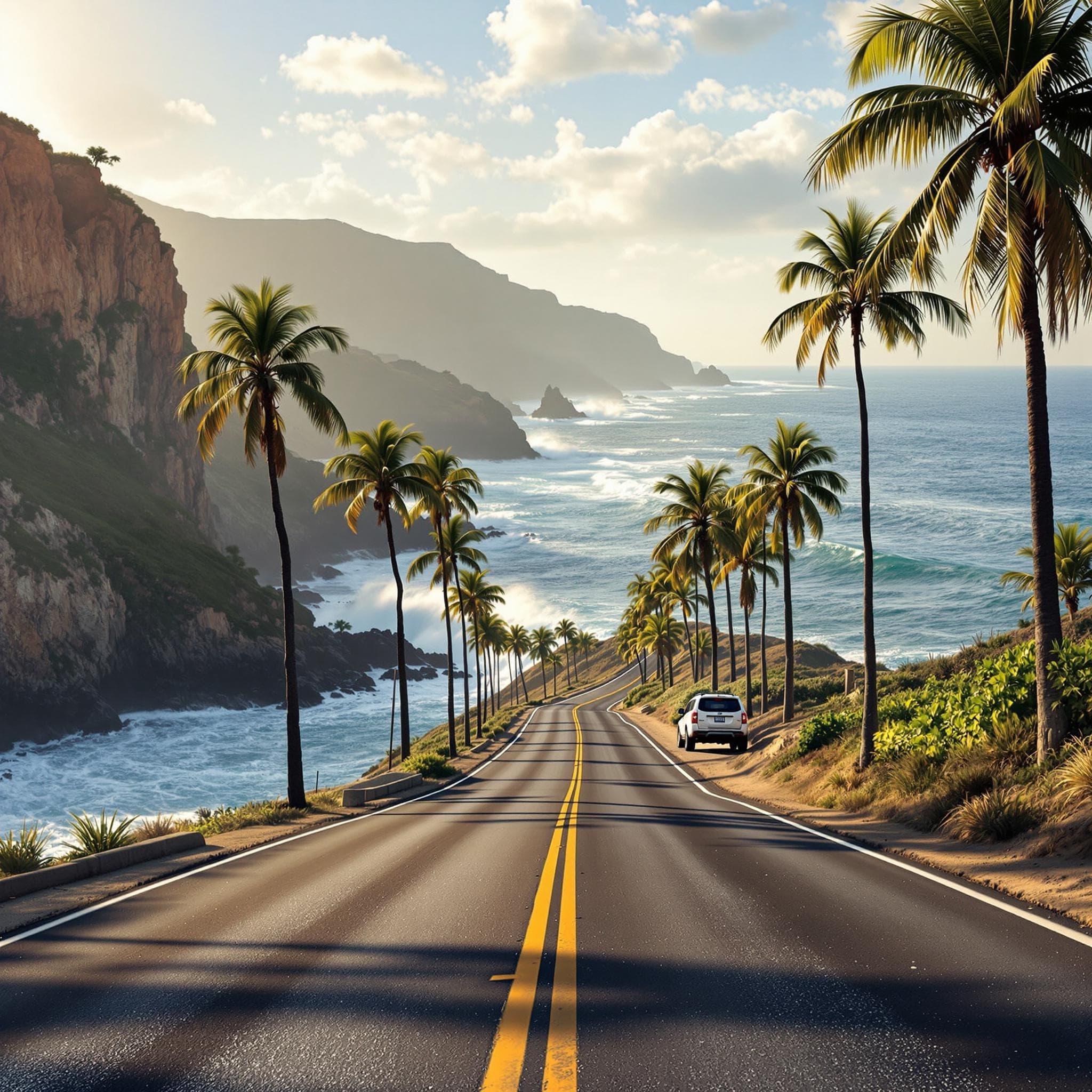 The scene is set outdoors along a winding mountain road amid a picturesque landscape.