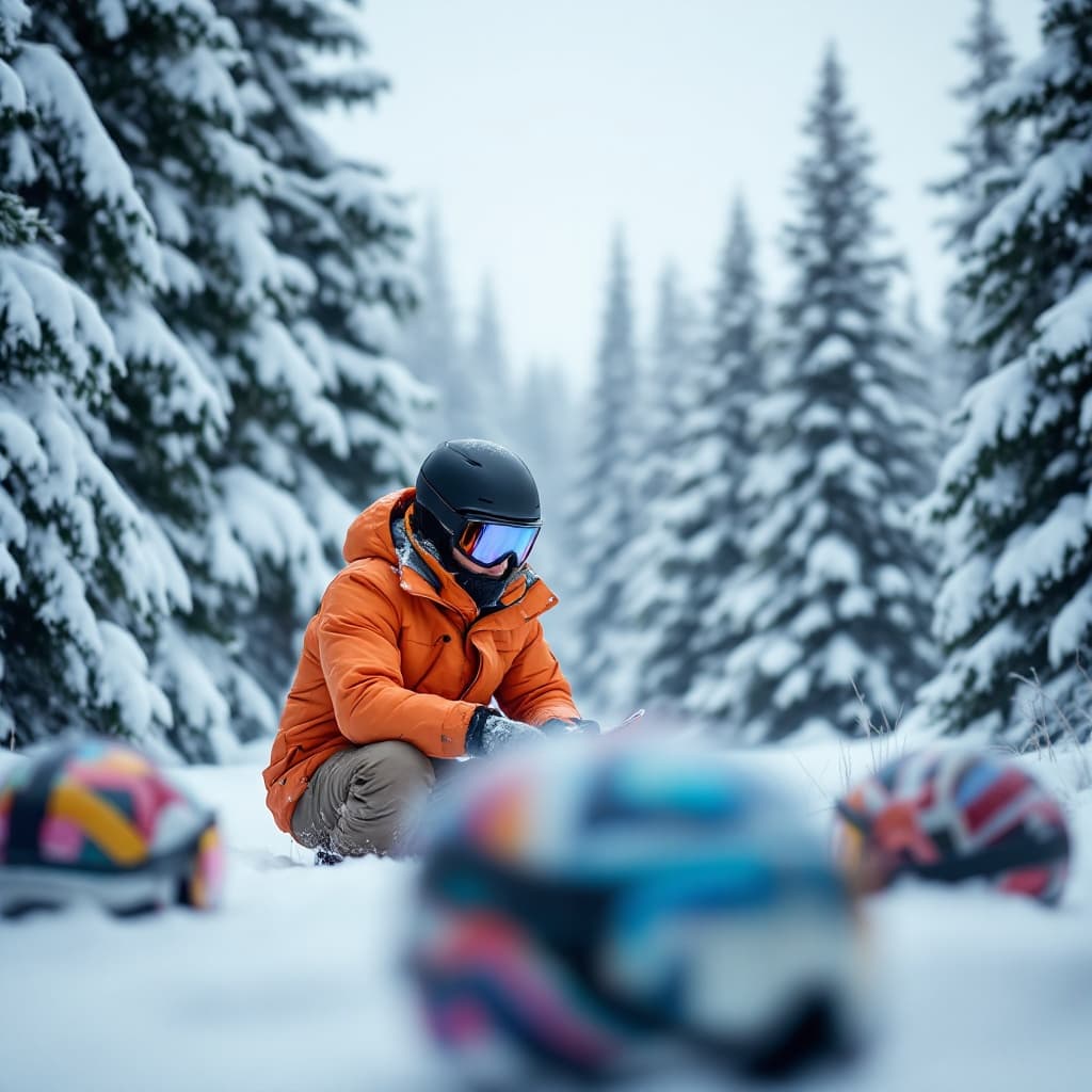 The scene is set outdoors amid a snowy landscape, likely in a mountainous area.
