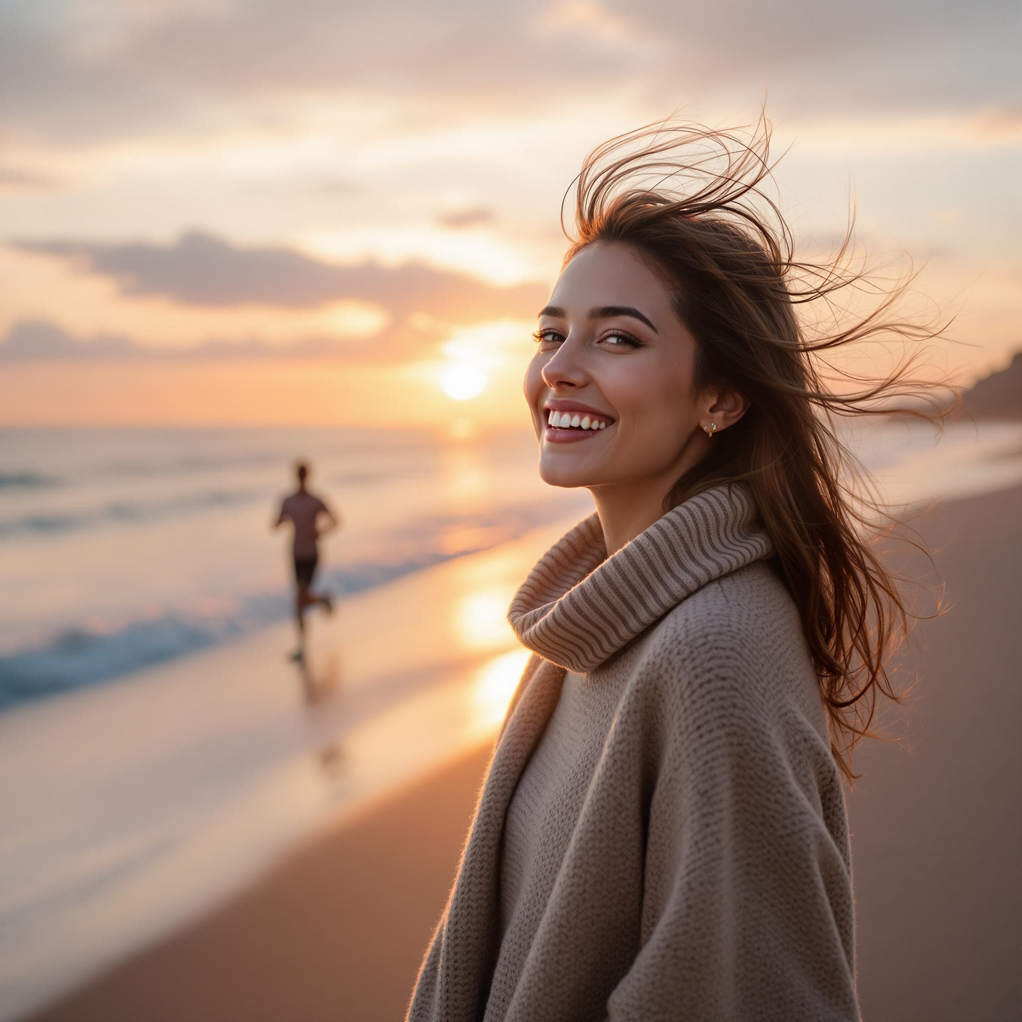 The scene is set outdoors on a beach during the early evening, with the sun dipping low on the horizon, casting a warm, golden glow over the sands.