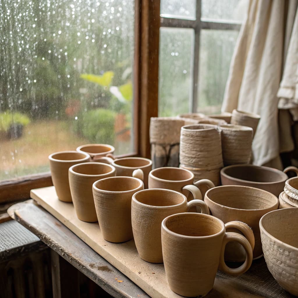 The scene is set indoors, likely in a pottery studio.