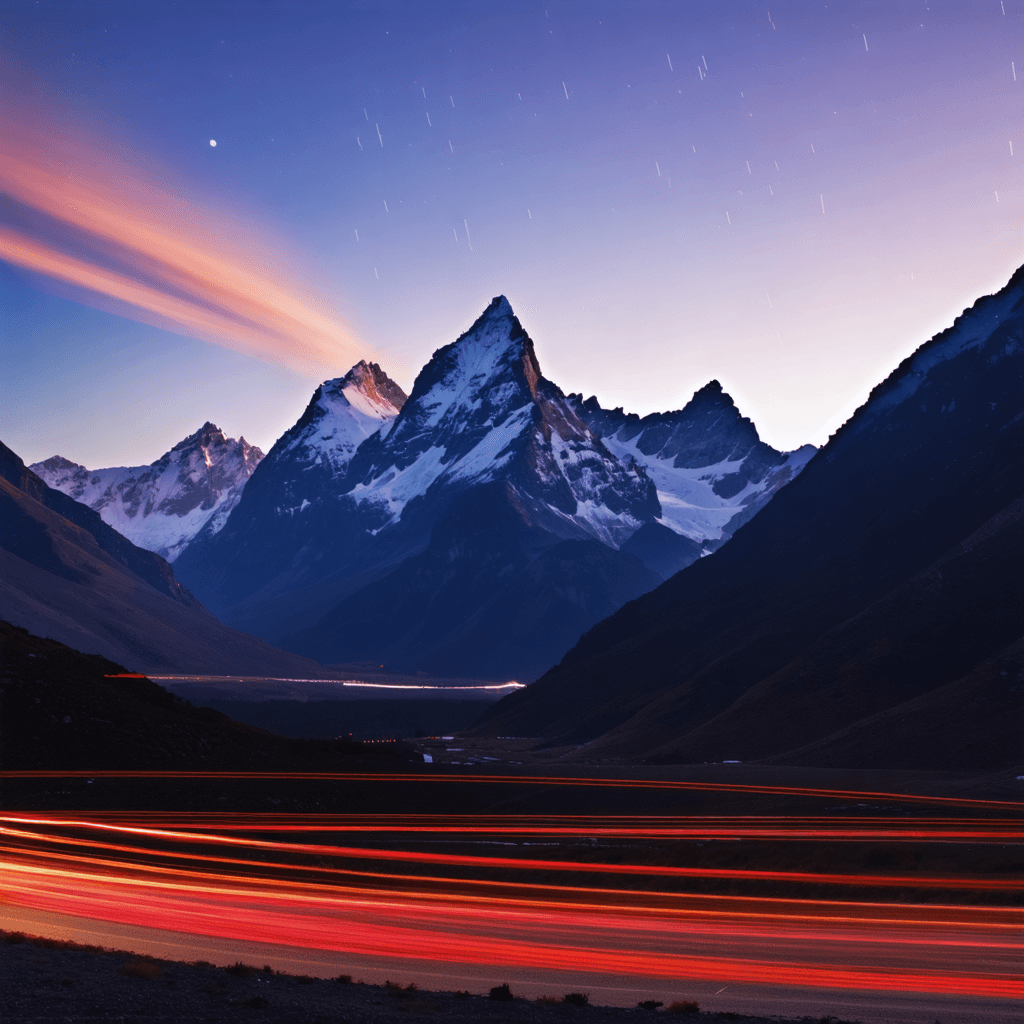 The scene is an outdoor mountainous landscape captured during dusk, with a sky transitioning from the gentle hues of the setting sun to the subtle darkness of night.