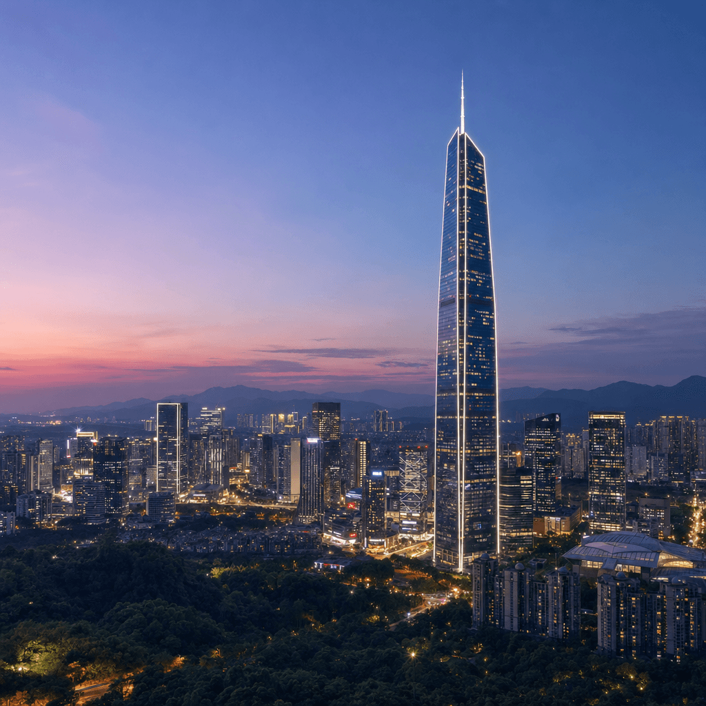 A wide city skyline at dusk fills the frame, with a tall, slender glass skyscraper slightly right of center dominating the composition and rising far above the surrounding buildings, its dark reflective facade edged by sharp white-lit lines and a thin spire extending into a clear purple-blue sky.